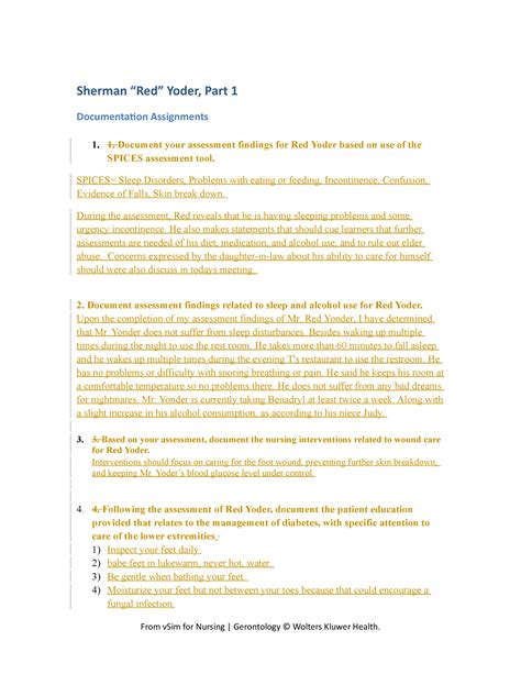 Document your head-to-toe assessment for <b>Red</b> <b>Yoder</b>. . Sherman red yoder part 1 documentation assignments